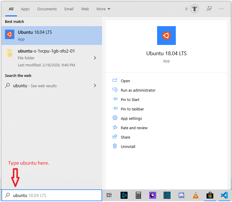 Searching for ubuntu 18.04 LTS on Windows Search Bar