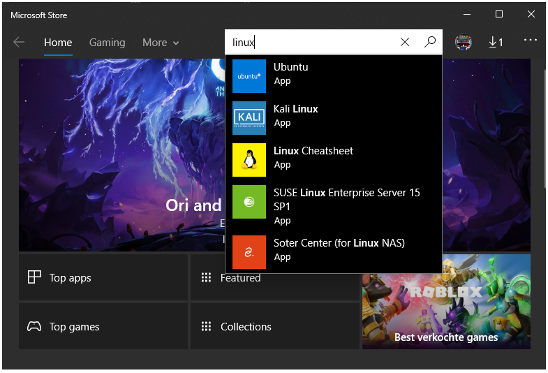 Windows Store picture showing Linux search