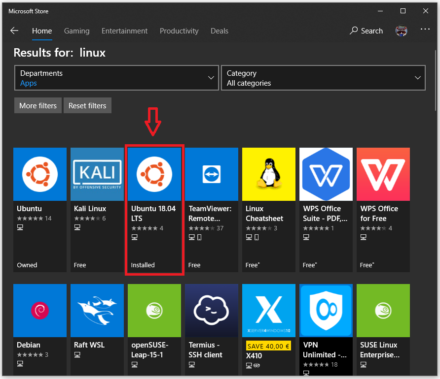 Windows Store picture showing Linux search result